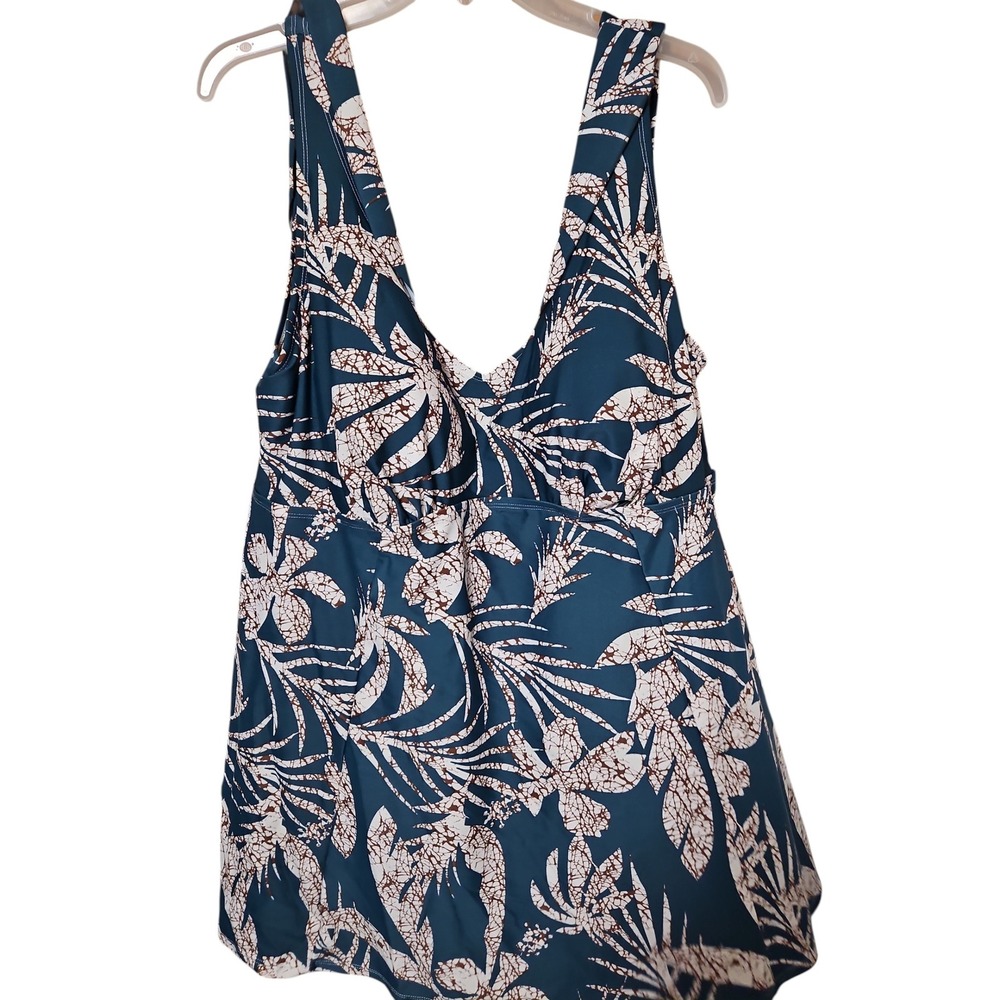 Tropical Palm Leaf Batik Print Swim Dress Tankini Top Teal White Ruffle Back0618